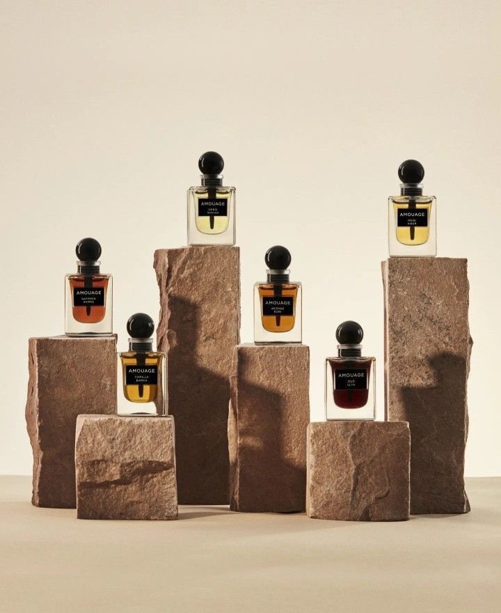 Fifth Sense bottles on sandstone blocks